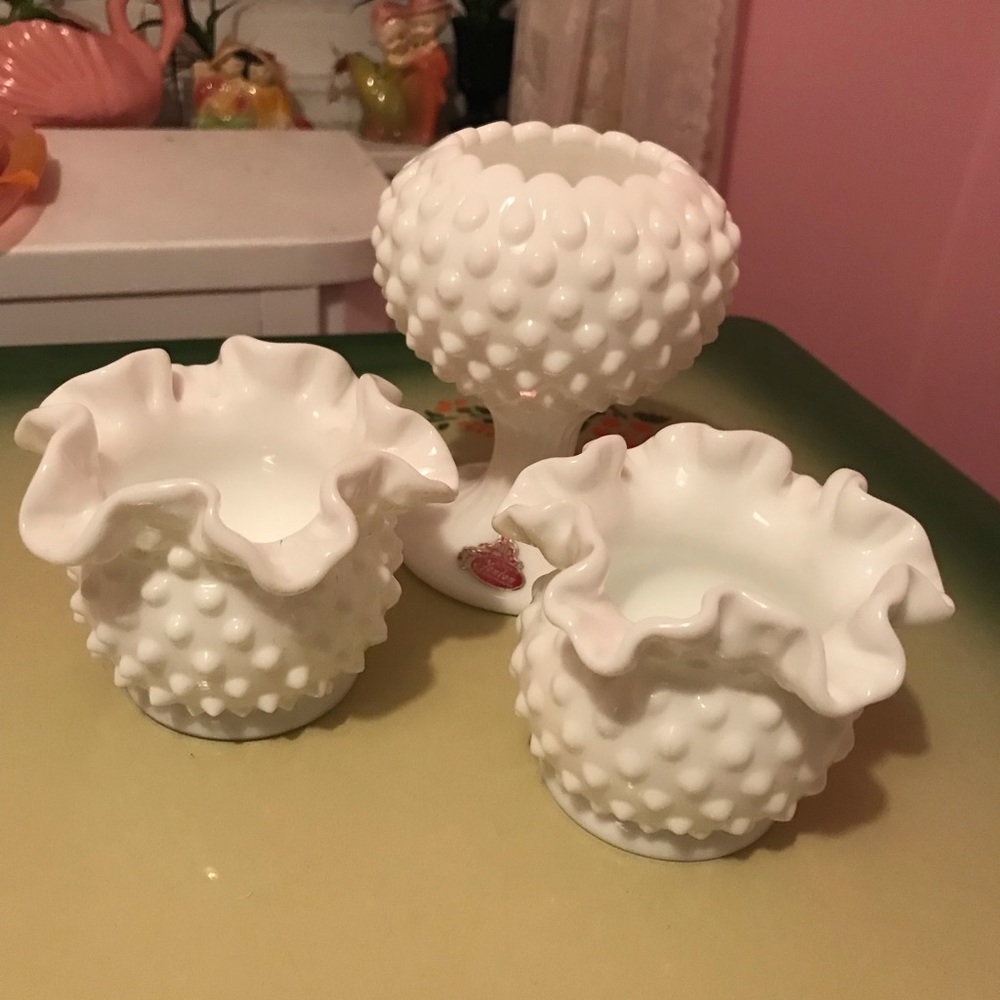 Vintage Fenton White Hobnail Milk Glass ~ Lot of 3 Ball Dishes ~ Ruffled Edges